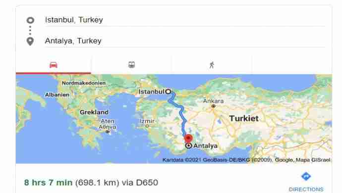 كم تبعد انطاليا عن إسطنبول؟